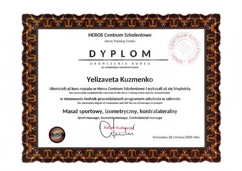 Dyplom ukończenia kursu masażu sportowego, izometrycznego i kontralateralnego, HEROS Centrum Szkoleniowe.