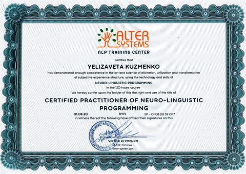 Certyfikat Certified Practitioner of Neuro-Linguistic Programming, kurs 120 godzin, Alter Systems.